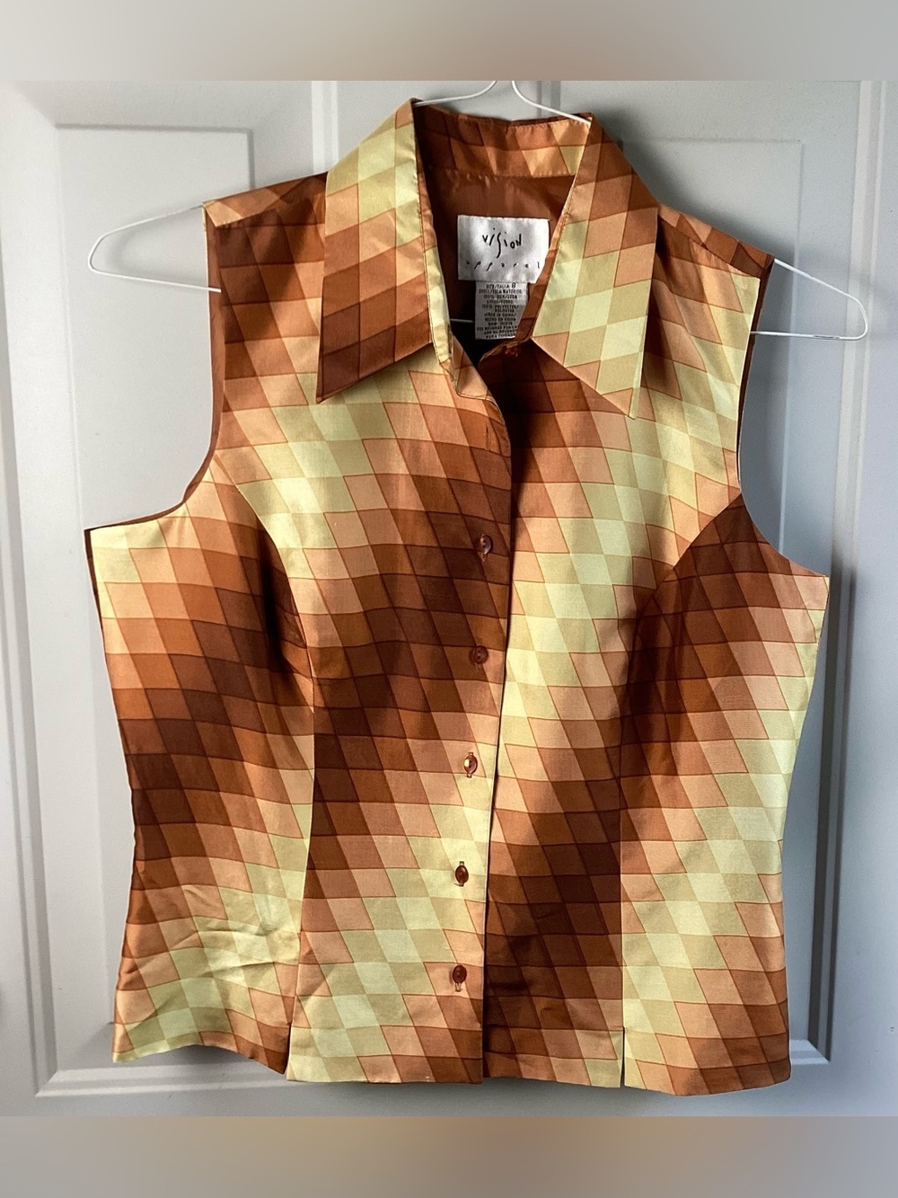 Vintage-Inspired Sleeveless Button-Down Top in Brown and Cream Silk